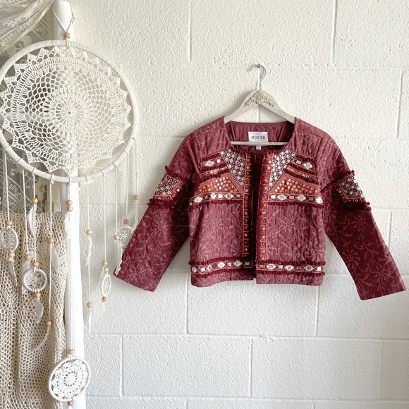 NWOT Boho Mirror Work & Bead Details Wine Blazer - Picture 6 of 16